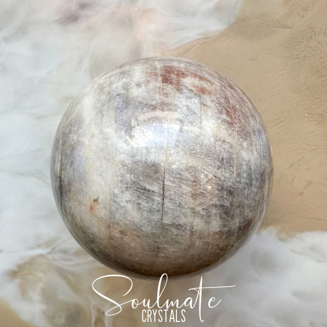 Soulmate Crystals Moonstone Polished Crystal Sphere, Polished Black, Brown, Cream, Silver, White Crystal for Emotional Wellbeing, Moon Energy, Activates Intuition, Enhances Metaphysical Abilities, Balances Masculine Feminine Energies.
