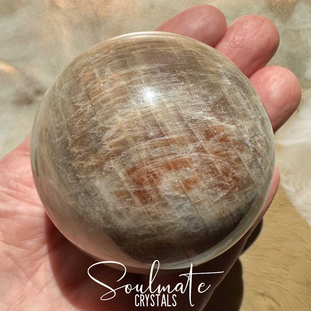 Soulmate Crystals Moonstone Polished Crystal Sphere, Polished Black, Brown, Cream, Silver, White Crystal for Emotional Wellbeing, Moon Energy, Activates Intuition, Enhances Metaphysical Abilities, Balances Masculine Feminine Energies.