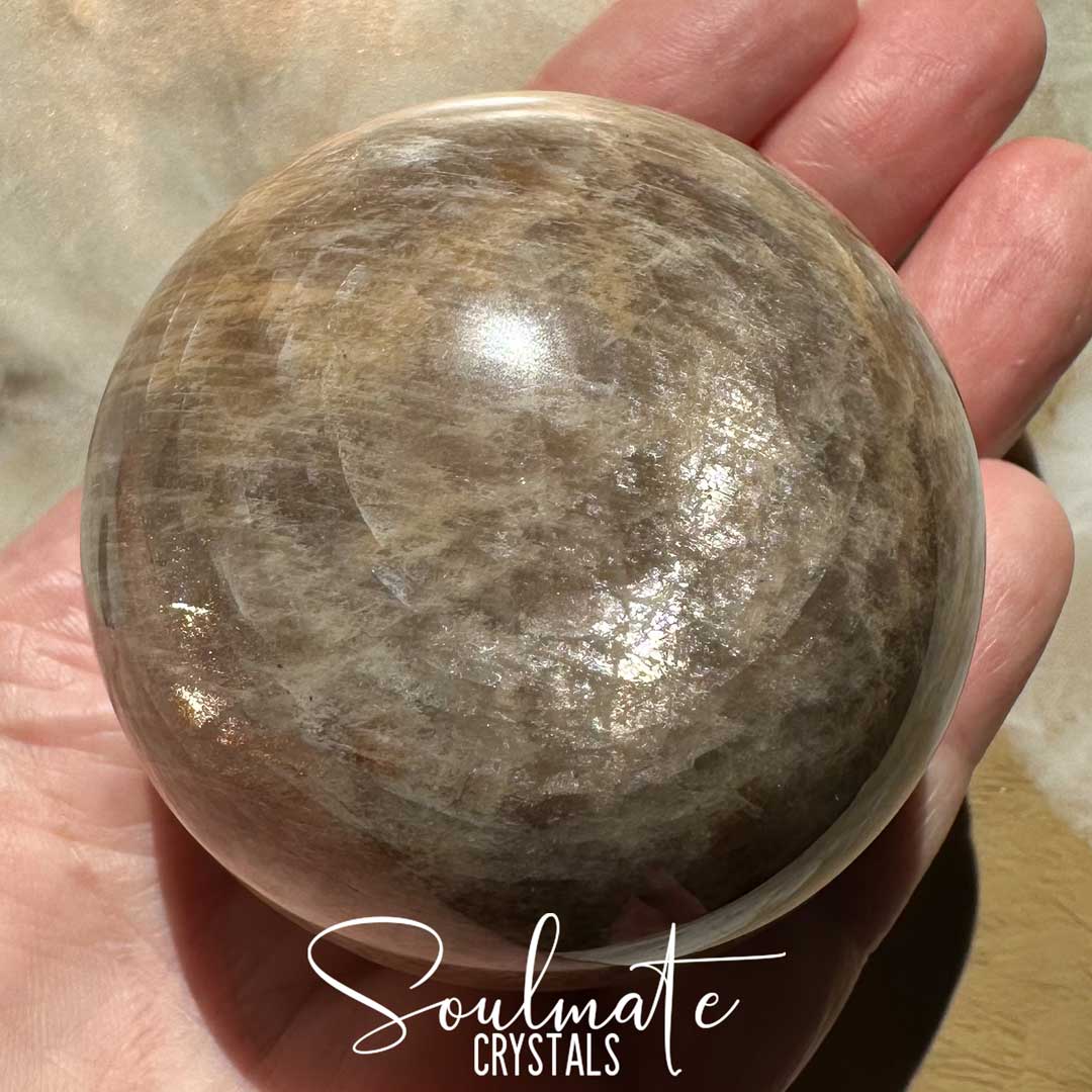 Soulmate Crystals Moonstone Polished Crystal Sphere, Polished Black, Brown, Cream, Silver, White Crystal for Emotional Wellbeing, Moon Energy, Activates Intuition, Enhances Metaphysical Abilities, Balances Masculine Feminine Energies.