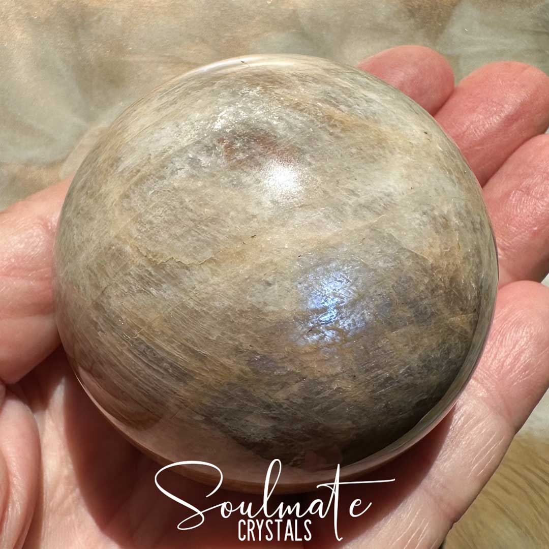 Soulmate Crystals Moonstone Polished Crystal Sphere, Polished Black, Brown, Cream, Silver, White Crystal for Emotional Wellbeing, Moon Energy, Activates Intuition, Enhances Metaphysical Abilities, Balances Masculine Feminine Energies.