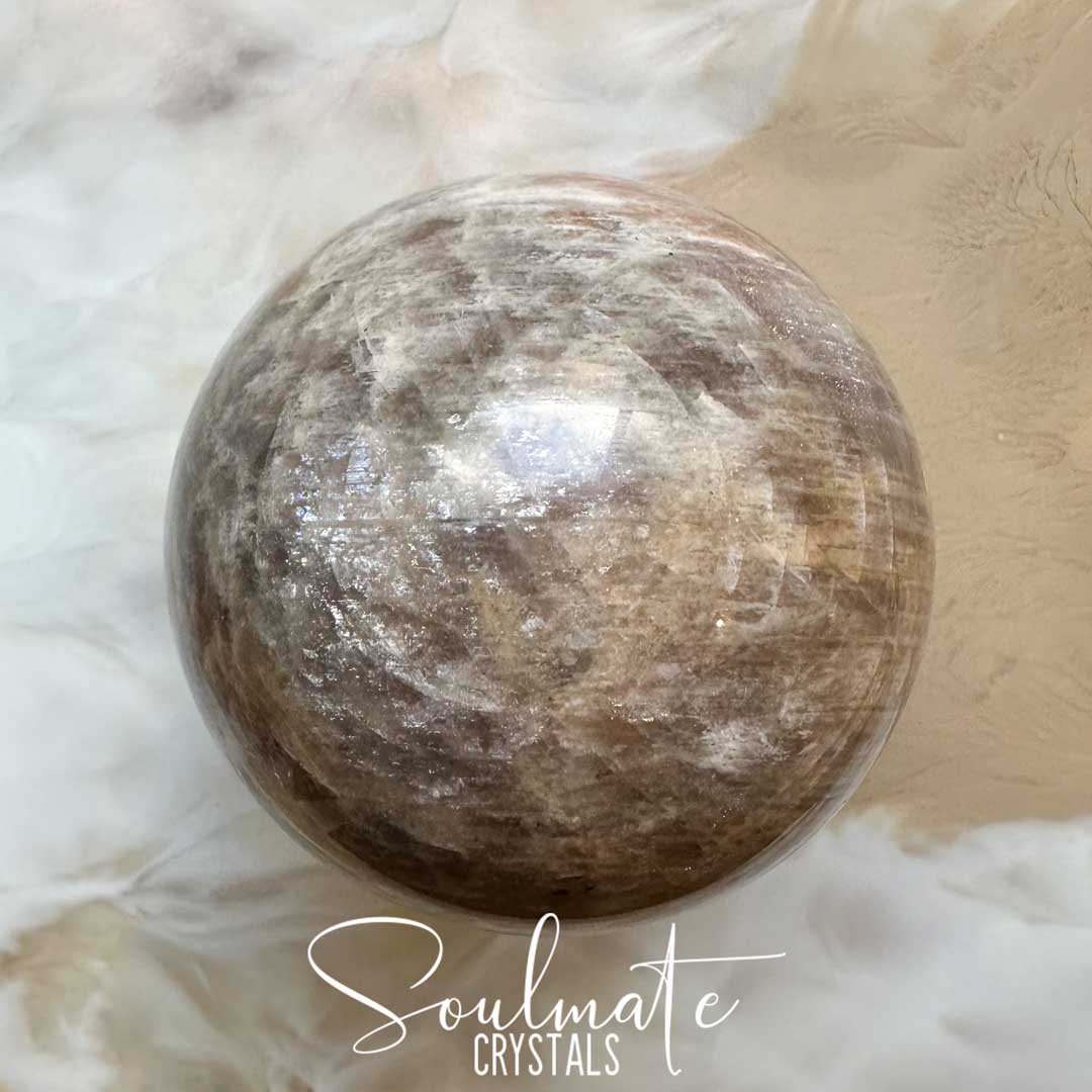 Soulmate Crystals Moonstone Polished Crystal Sphere, Polished Black, Brown, Cream, Silver, White Crystal for Emotional Wellbeing, Moon Energy, Activates Intuition, Enhances Metaphysical Abilities, Balances Masculine Feminine Energies.