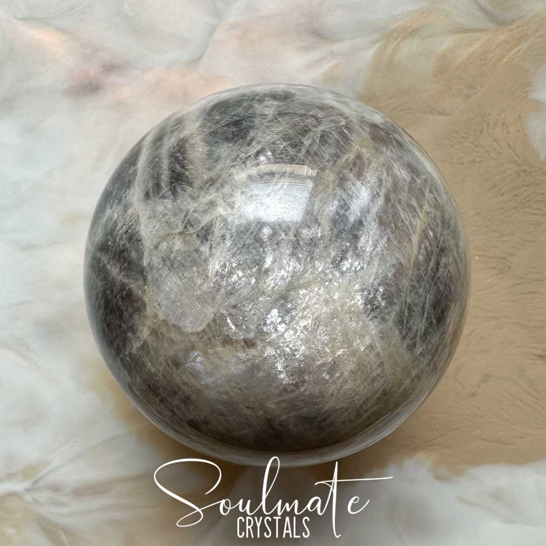 Soulmate Crystals Moonstone Polished Crystal Sphere, Polished Black, Brown, Cream, Silver, White Crystal for Emotional Wellbeing, Moon Energy, Activates Intuition, Enhances Metaphysical Abilities, Balances Masculine Feminine Energies.