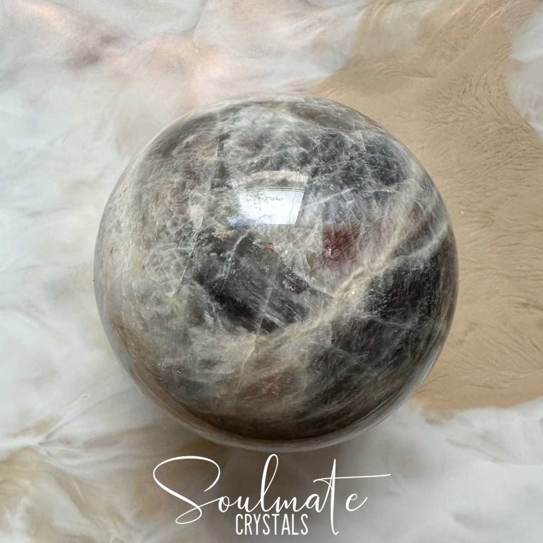 Soulmate Crystals Moonstone Polished Crystal Sphere, Polished Black, Brown, Cream, Silver, White Crystal for Emotional Wellbeing, Moon Energy, Activates Intuition, Enhances Metaphysical Abilities, Balances Masculine Feminine Energies.
