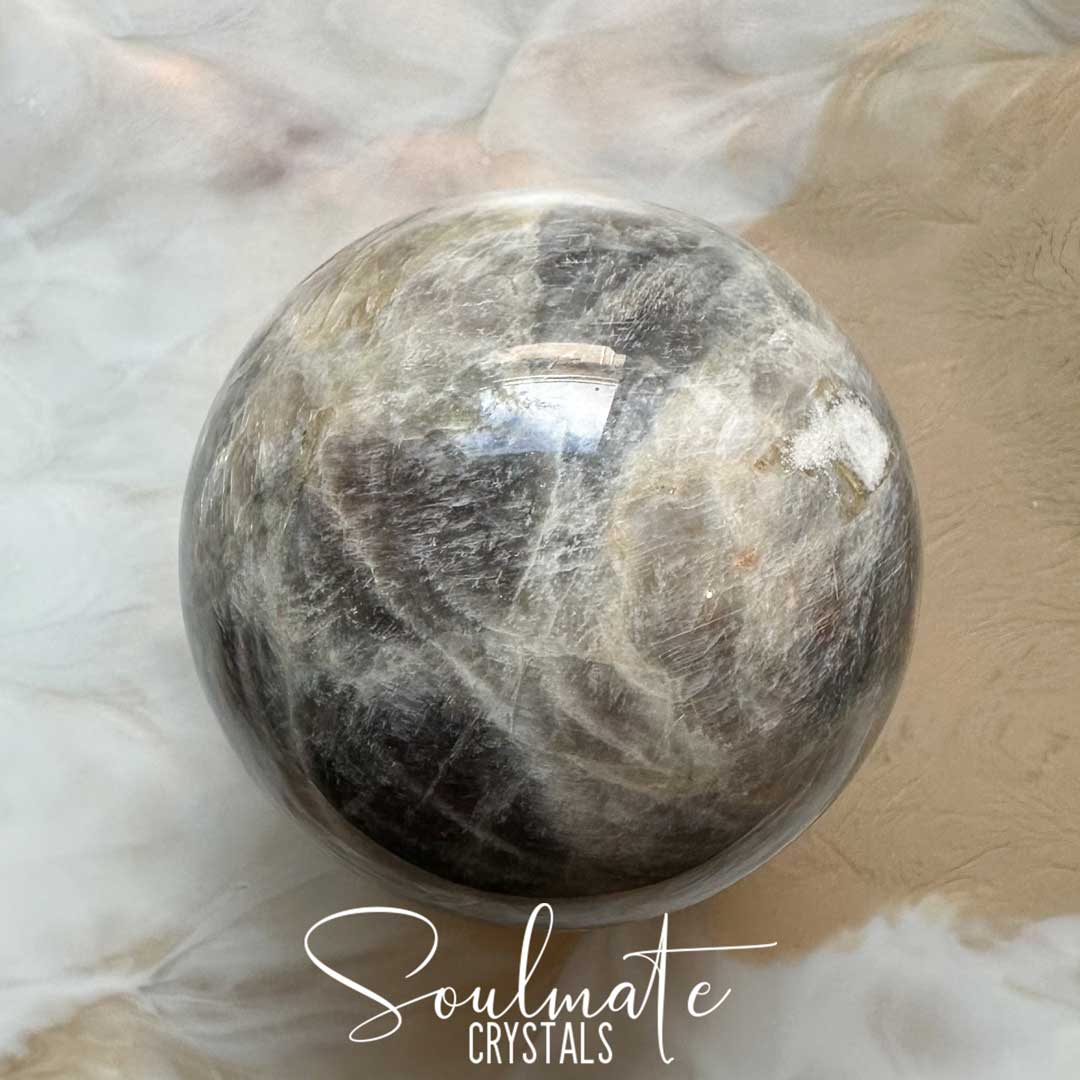 Soulmate Crystals Moonstone Polished Crystal Sphere, Polished Black, Brown, Cream, Silver, White Crystal for Emotional Wellbeing, Moon Energy, Activates Intuition, Enhances Metaphysical Abilities, Balances Masculine Feminine Energies.
