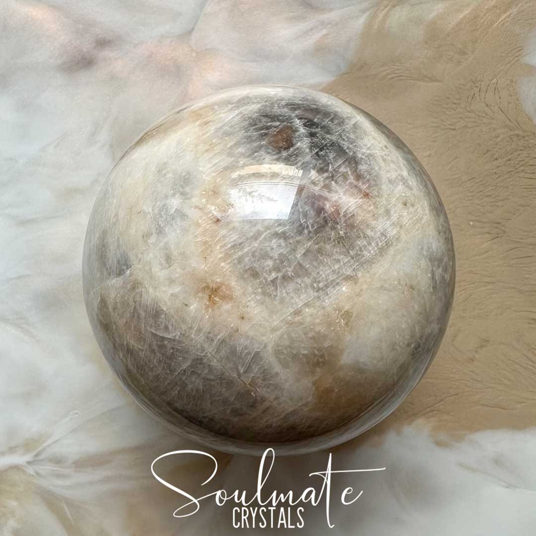 Soulmate Crystals Moonstone Polished Crystal Sphere, Polished Black, Brown, Cream, Silver, White Crystal for Emotional Wellbeing, Moon Energy, Activates Intuition, Enhances Metaphysical Abilities, Balances Masculine Feminine Energies.