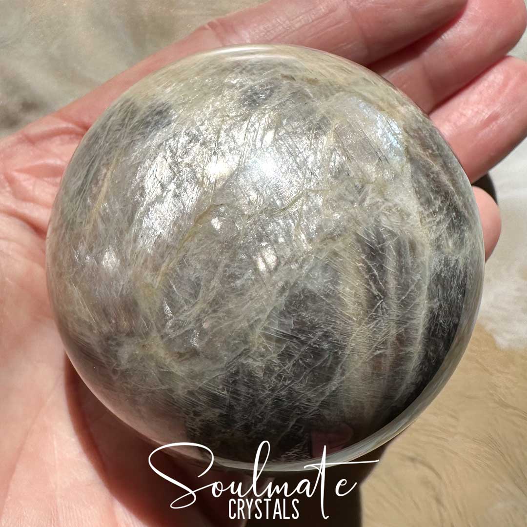 Soulmate Crystals Moonstone Polished Crystal Sphere, Polished Black, Brown, Cream, Silver, White Crystal for Emotional Wellbeing, Moon Energy, Activates Intuition, Enhances Metaphysical Abilities, Balances Masculine Feminine Energies.