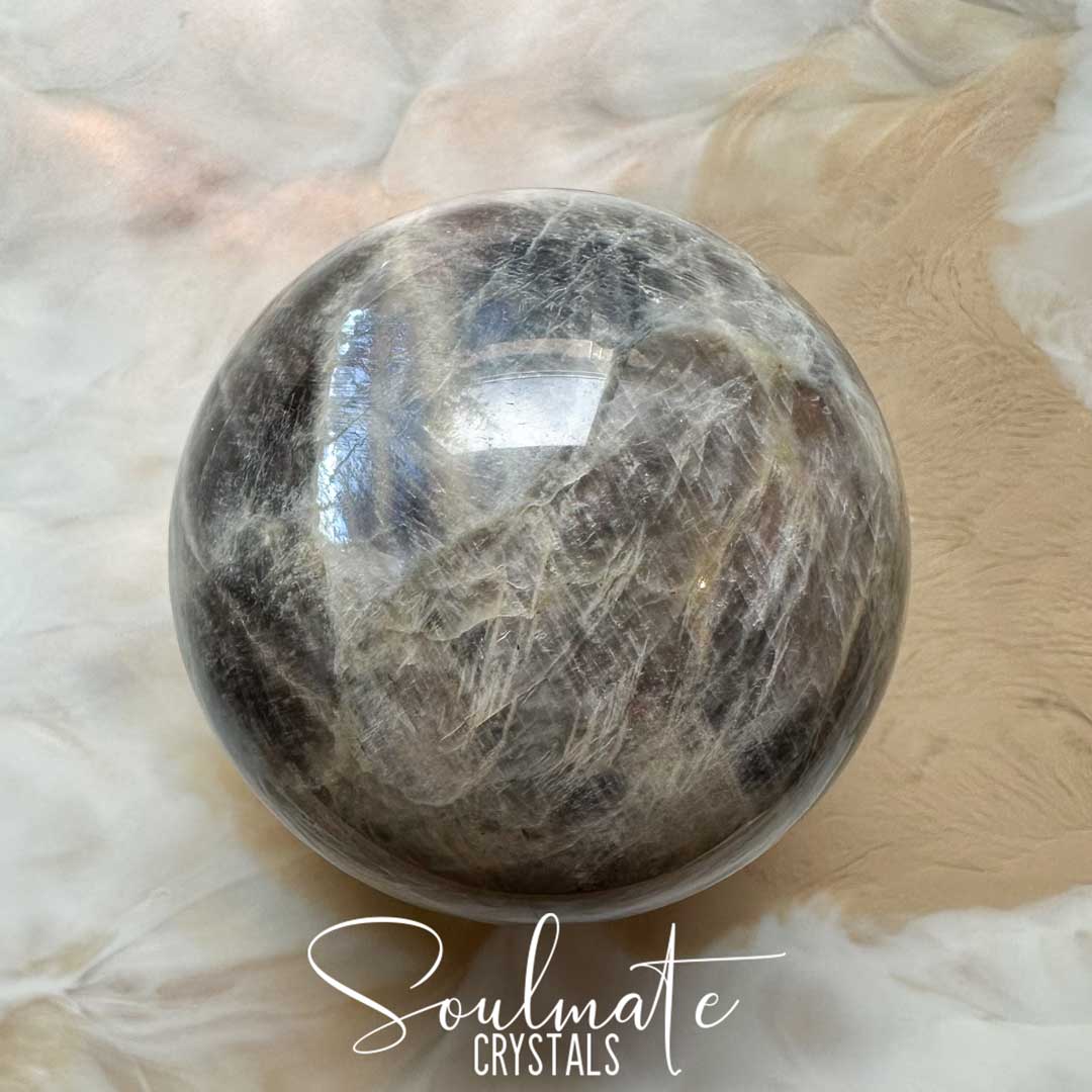 Soulmate Crystals Moonstone Polished Crystal Sphere, Polished Black, Brown, Cream, Silver, White Crystal for Emotional Wellbeing, Moon Energy, Activates Intuition, Enhances Metaphysical Abilities, Balances Masculine Feminine Energies.