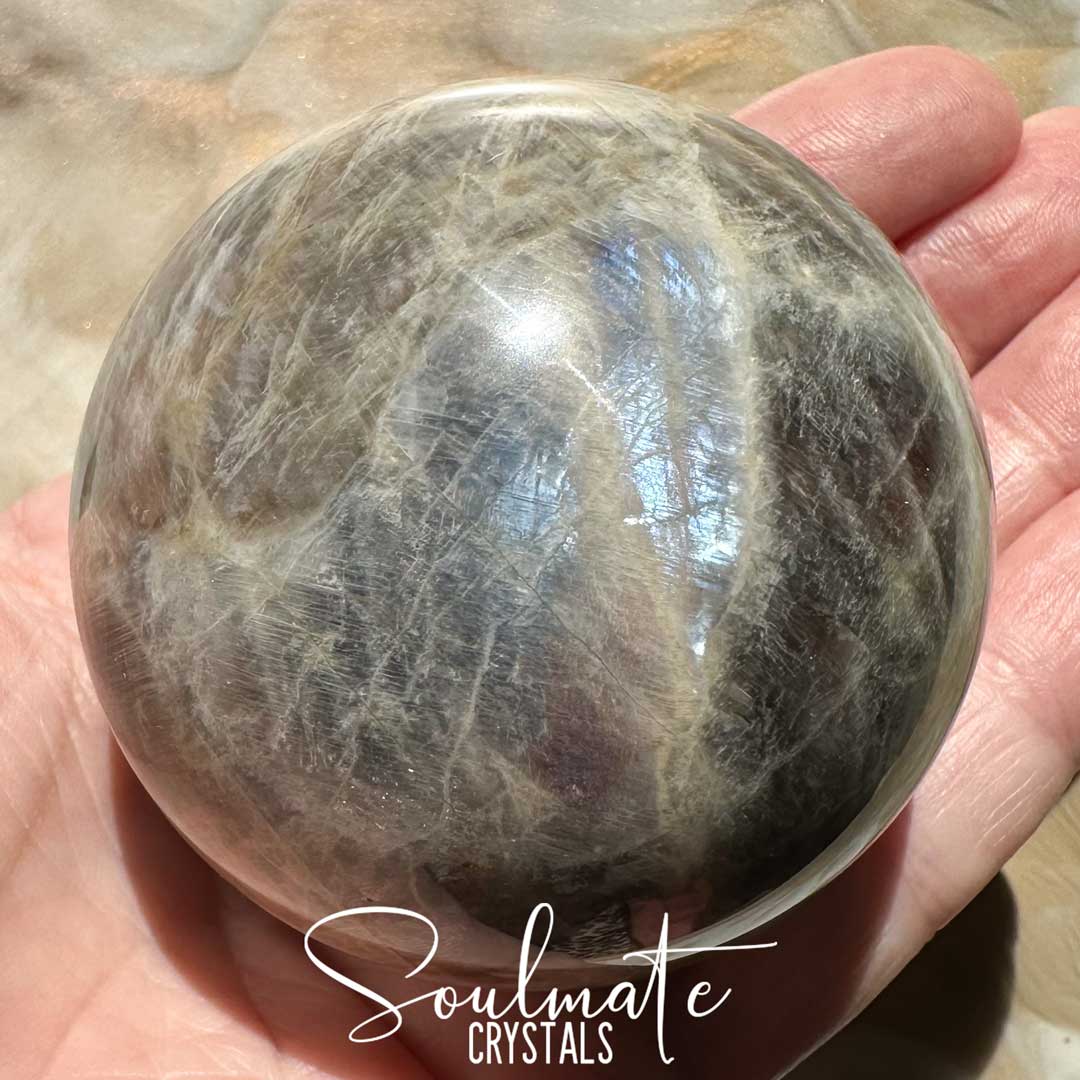 Soulmate Crystals Moonstone Polished Crystal Sphere, Polished Black, Brown, Cream, Silver, White Crystal for Emotional Wellbeing, Moon Energy, Activates Intuition, Enhances Metaphysical Abilities, Balances Masculine Feminine Energies.