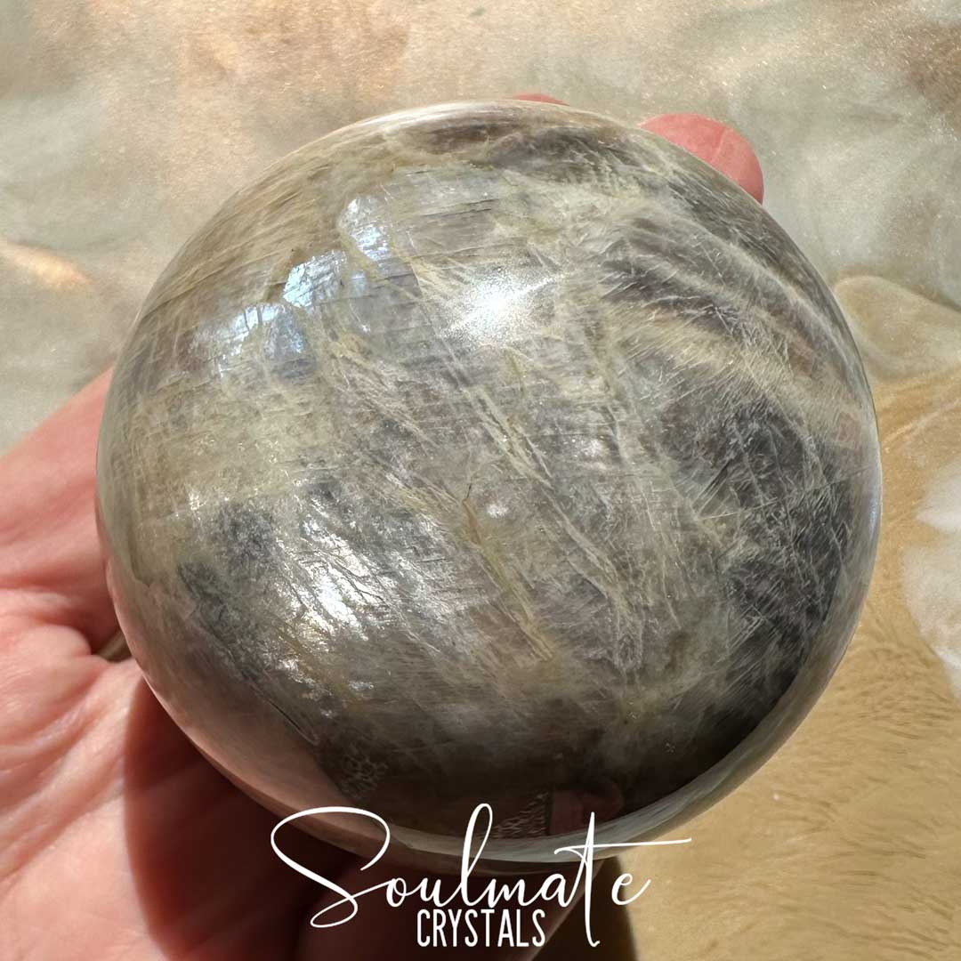 Soulmate Crystals Moonstone Polished Crystal Sphere, Polished Black, Brown, Cream, Silver, White Crystal for Emotional Wellbeing, Moon Energy, Activates Intuition, Enhances Metaphysical Abilities, Balances Masculine Feminine Energies.