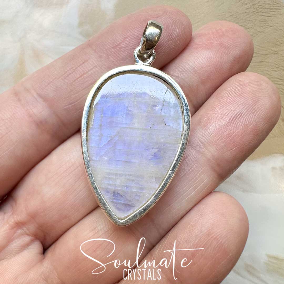 Soulmate Crystals Rainbow Moonstone Polished Crystal Pendant Reverse Teardrop Sterling Silver Grade A Plus, White Crystal with Blue Flash for Divine Feminine, Clarity and Intuition, Pendant, Jewellery, Jewelry, Wearable Crystal Jewellery.