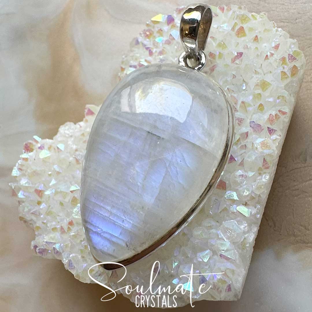 Soulmate Crystals Rainbow Moonstone Polished Crystal Pendant Reverse Teardrop Sterling Silver Grade A Plus, White Crystal with Blue Flash for Divine Feminine, Clarity and Intuition, Pendant, Jewellery, Jewelry, Wearable Crystal Jewellery.