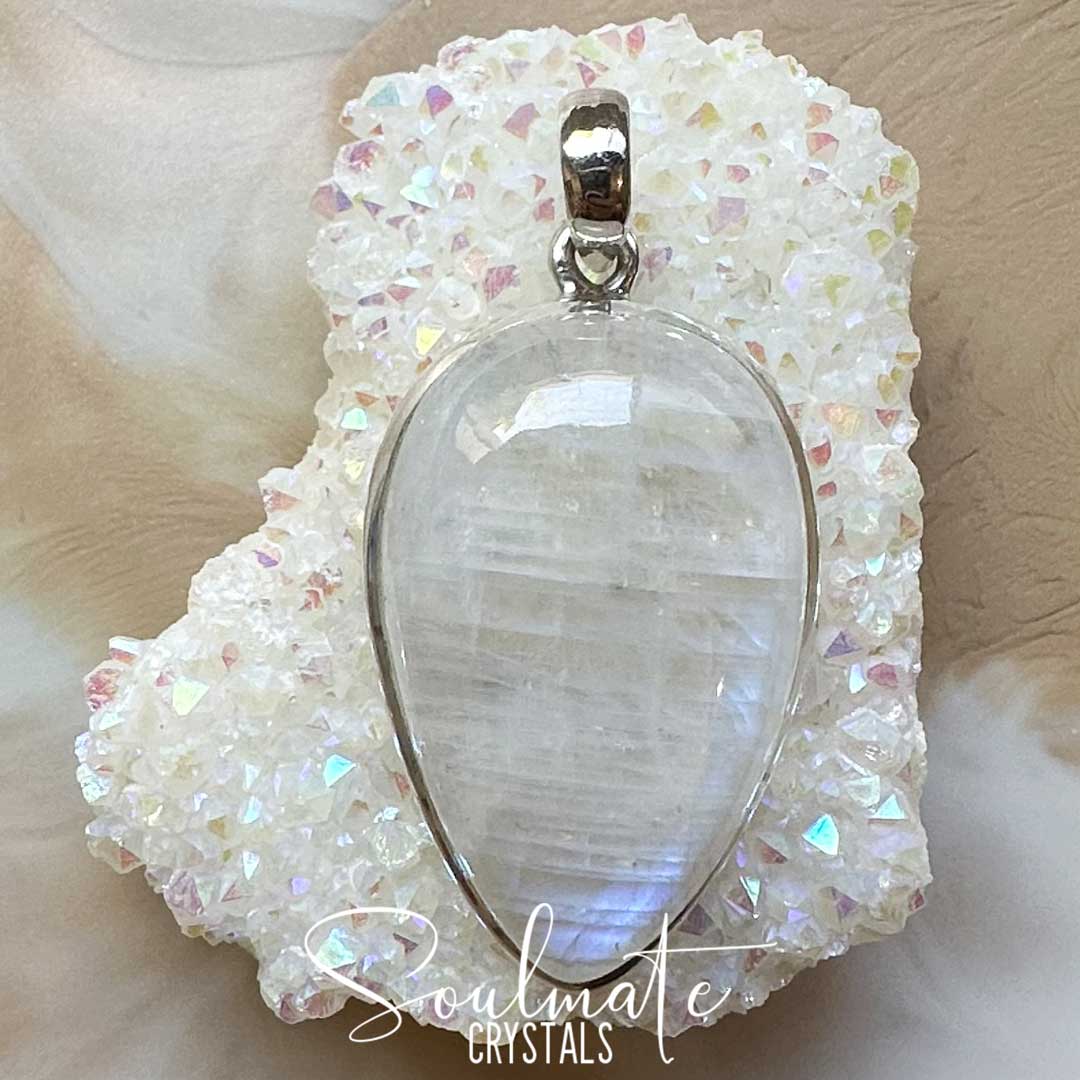 Soulmate Crystals Rainbow Moonstone Polished Crystal Pendant Reverse Teardrop Sterling Silver Grade A Plus, White Crystal with Blue Flash for Divine Feminine, Clarity and Intuition, Pendant, Jewellery, Jewelry, Wearable Crystal Jewellery.