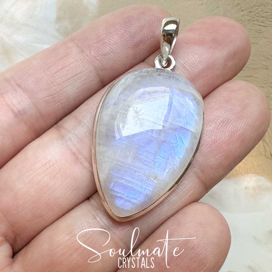 Soulmate Crystals Rainbow Moonstone Polished Crystal Pendant Reverse Teardrop Sterling Silver Grade A Plus, White Crystal with Blue Flash for Divine Feminine, Clarity and Intuition, Pendant, Jewellery, Jewelry, Wearable Crystal Jewellery.