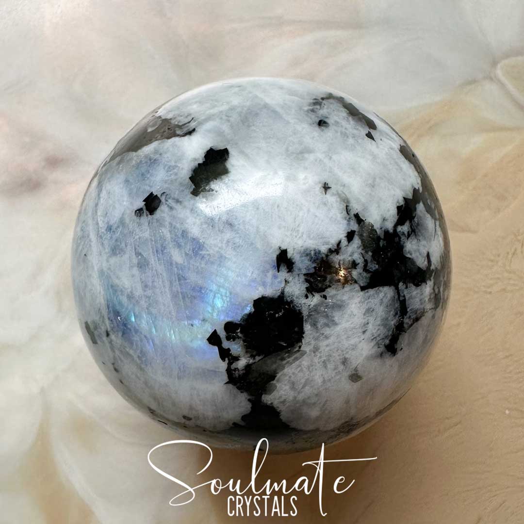 Soulmate Crystals Rainbow Moonstone Polished Crystal Sphere, White Crystal with Blue Flash for Divine Feminine, Clarity and Intuition