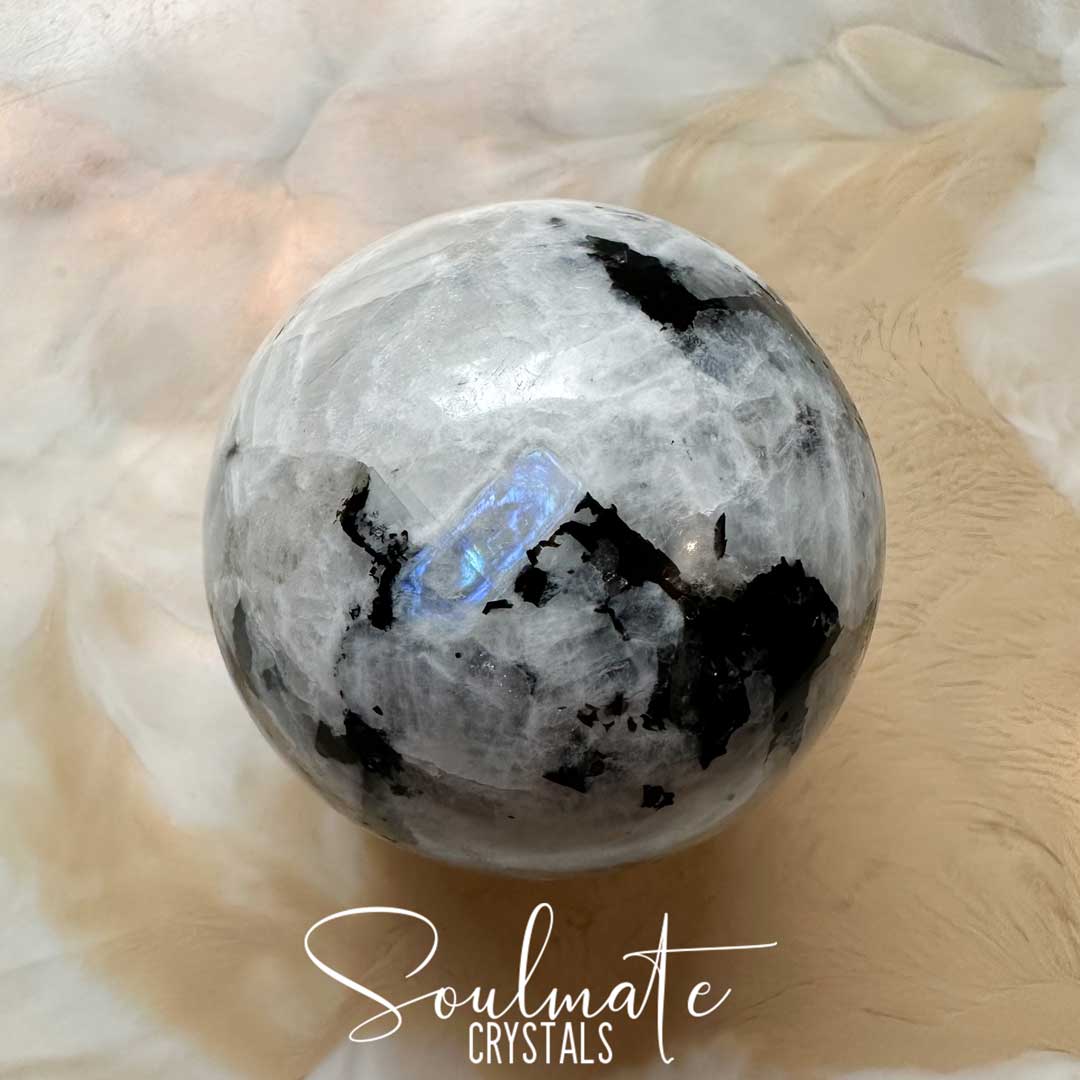 Soulmate Crystals Rainbow Moonstone Polished Crystal Sphere, White Crystal with Blue Flash for Divine Feminine, Clarity and Intuition