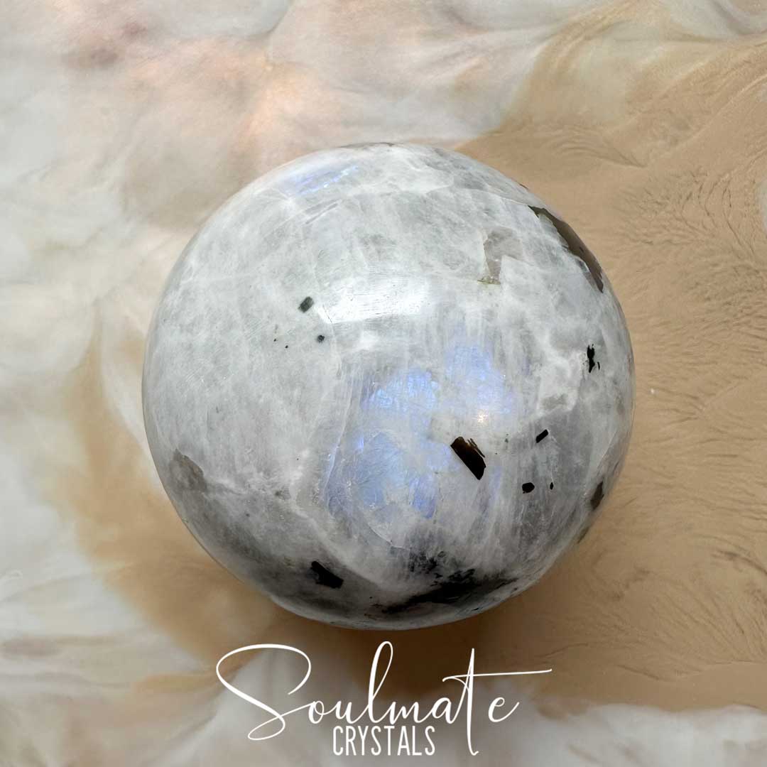 Soulmate Crystals Rainbow Moonstone Polished Crystal Sphere, White Crystal with Blue Flash for Divine Feminine, Clarity and Intuition