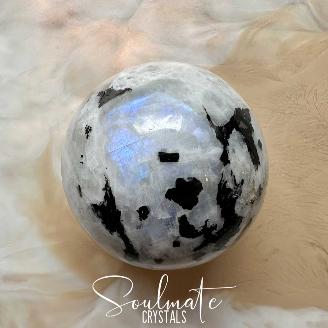 Soulmate Crystals Rainbow Moonstone Polished Crystal Sphere, White Crystal with Blue Flash for Divine Feminine, Clarity and Intuition