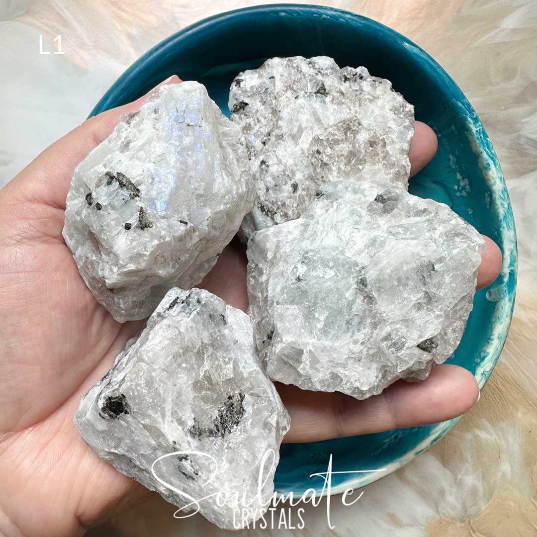 Soulmate Crystals Rainbow Moonstone Raw Natural Stone, White Crystal with Blue Flash for Divine Feminine, Clarity and Intuition.