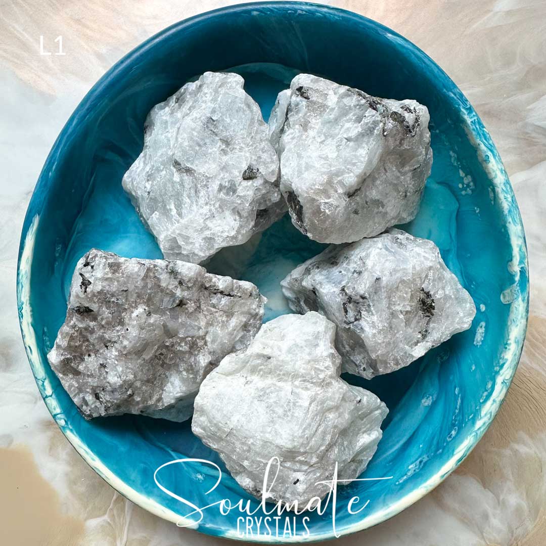 Soulmate Crystals Rainbow Moonstone Raw Natural Stone, White Crystal with Blue Flash for Divine Feminine, Clarity and Intuition.