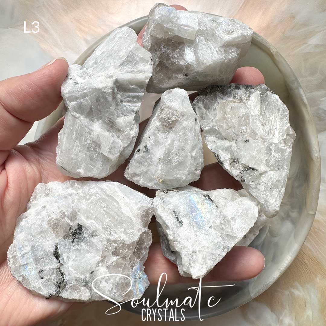 Soulmate Crystals Rainbow Moonstone Raw Natural Stone, White Crystal with Blue Flash for Divine Feminine, Clarity and Intuition.