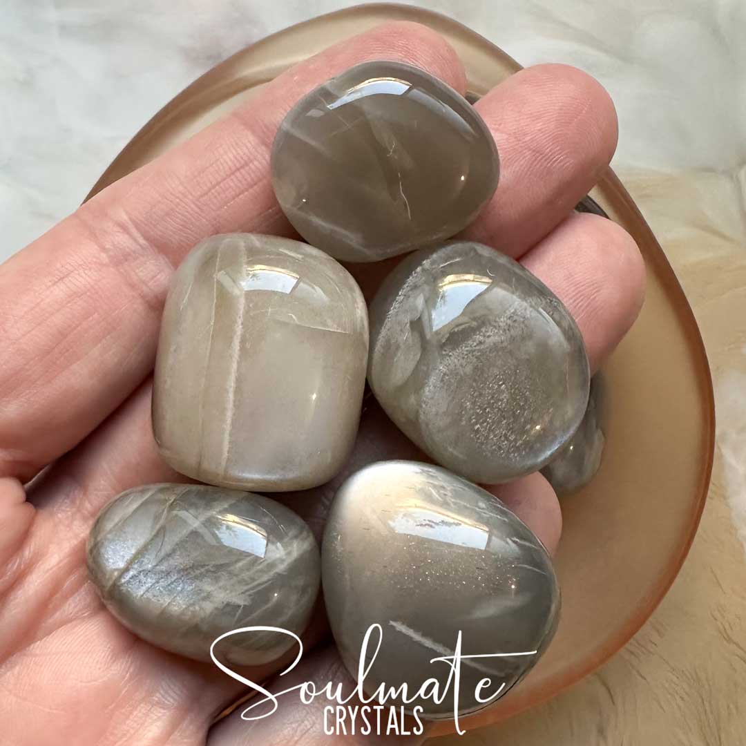 Soulmate Crystals Moonstone Silver Tumbled Stone, Silvery Grey Crystal for Calmness, Tranquility, Beacon of Light for Darker Times, Pearlescent Sheen, Derivative Black Moonstone, Rare Polished Mineral.