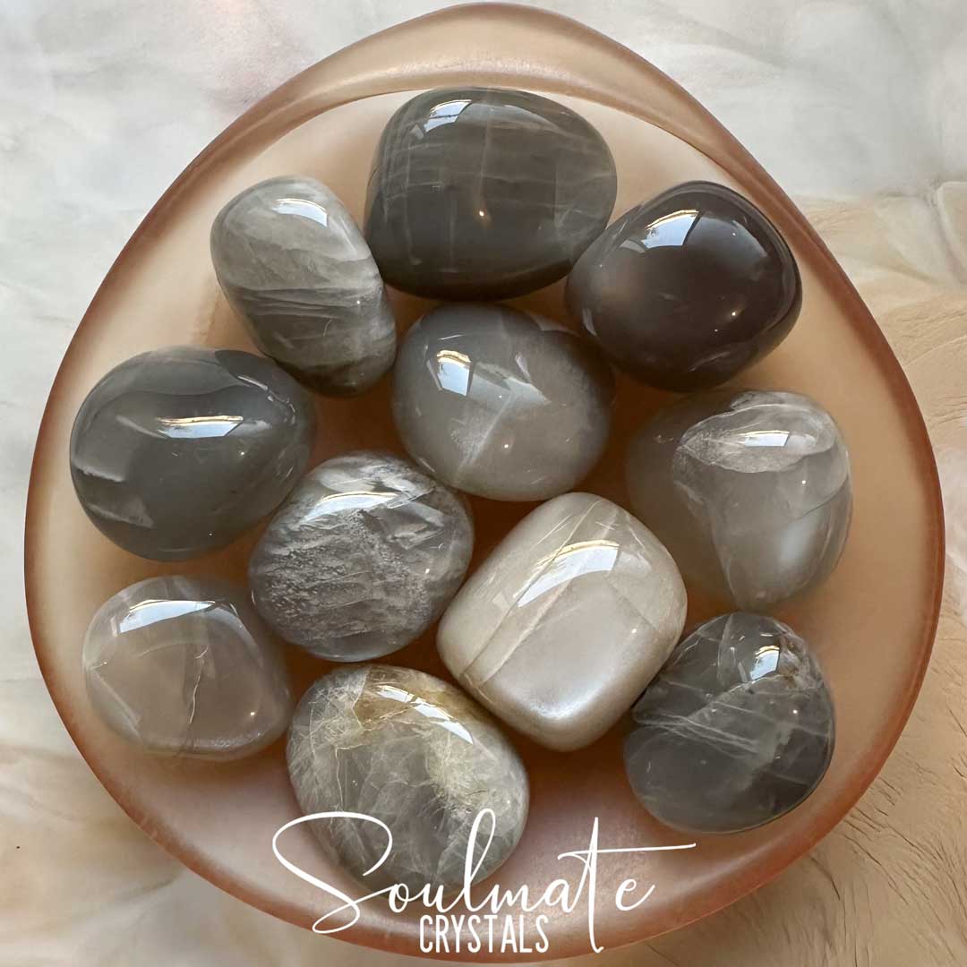 Soulmate Crystals Moonstone Silver Tumbled Stone, Silvery Grey Crystal for Calmness, Tranquility, Beacon of Light for Darker Times, Pearlescent Sheen, Derivative Black Moonstone, Rare Polished Mineral.