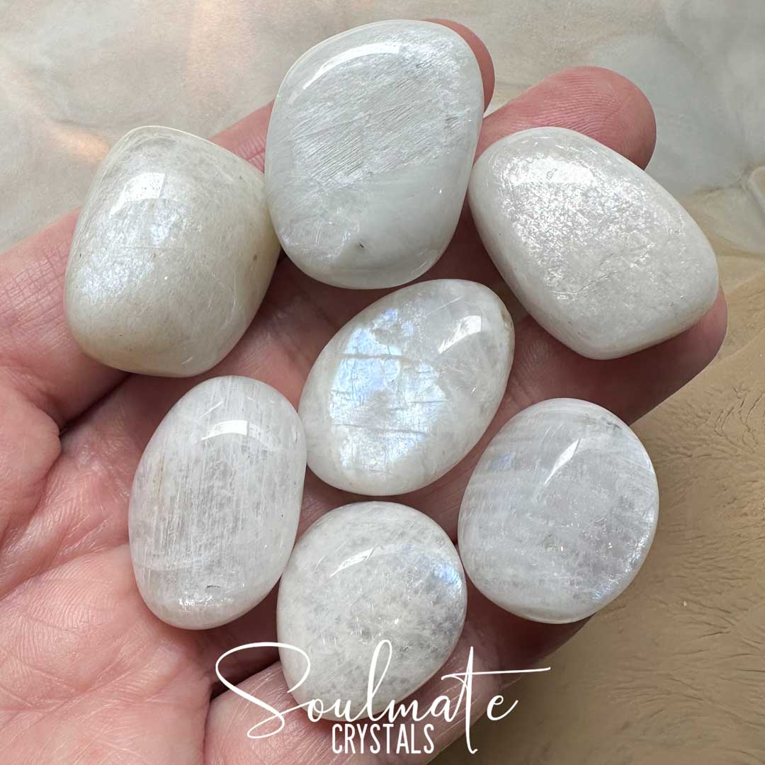 Soulmate Crystals Moonstone White Rainbow Tumbled Stone, White Crystal with Irridescent Sheen, Blue Flash for Divine Feminine, Clarity and Intuition.