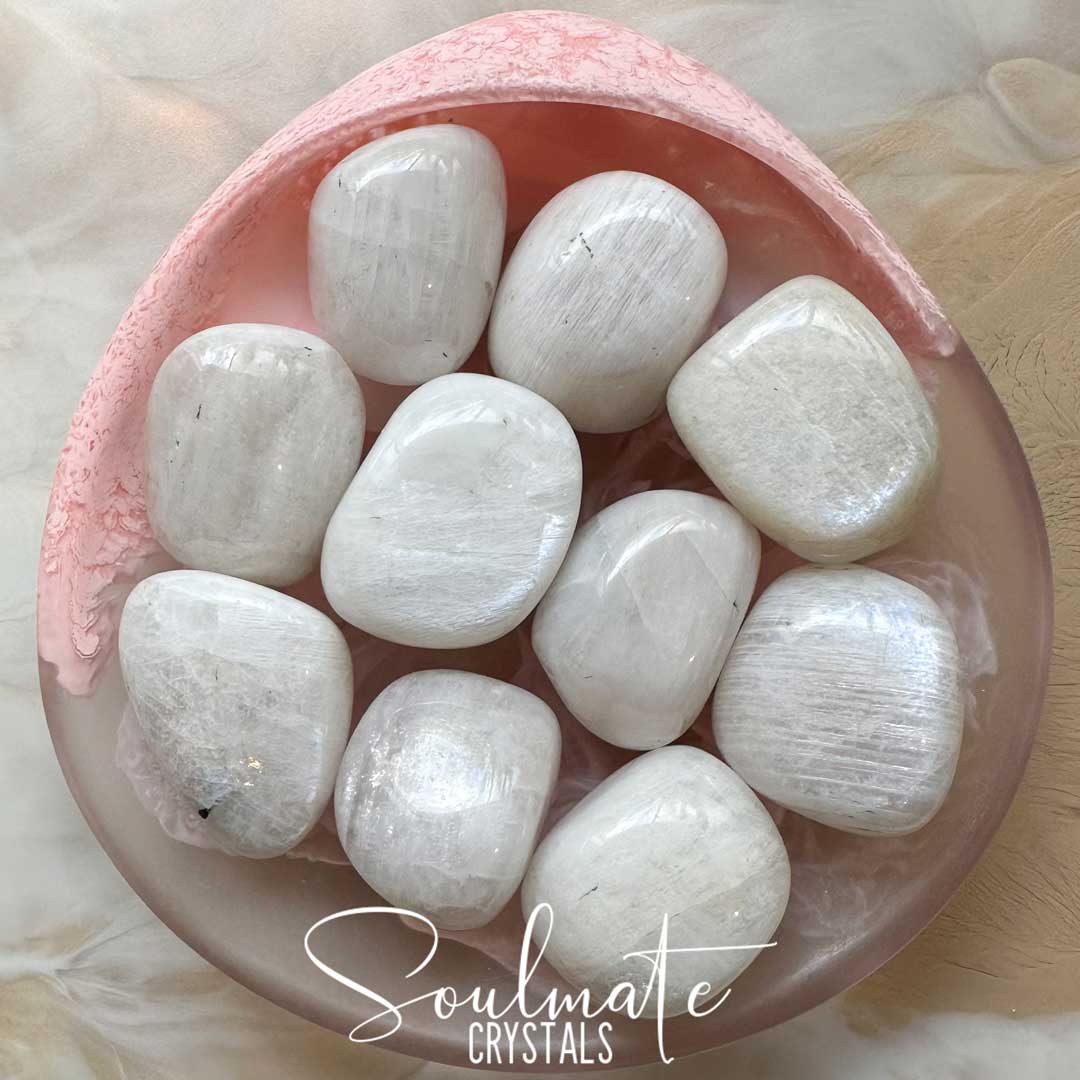 Soulmate Crystals Moonstone White Rainbow Tumbled Stone, White Crystal with Irridescent Sheen, Blue Flash for Divine Feminine, Clarity and Intuition.