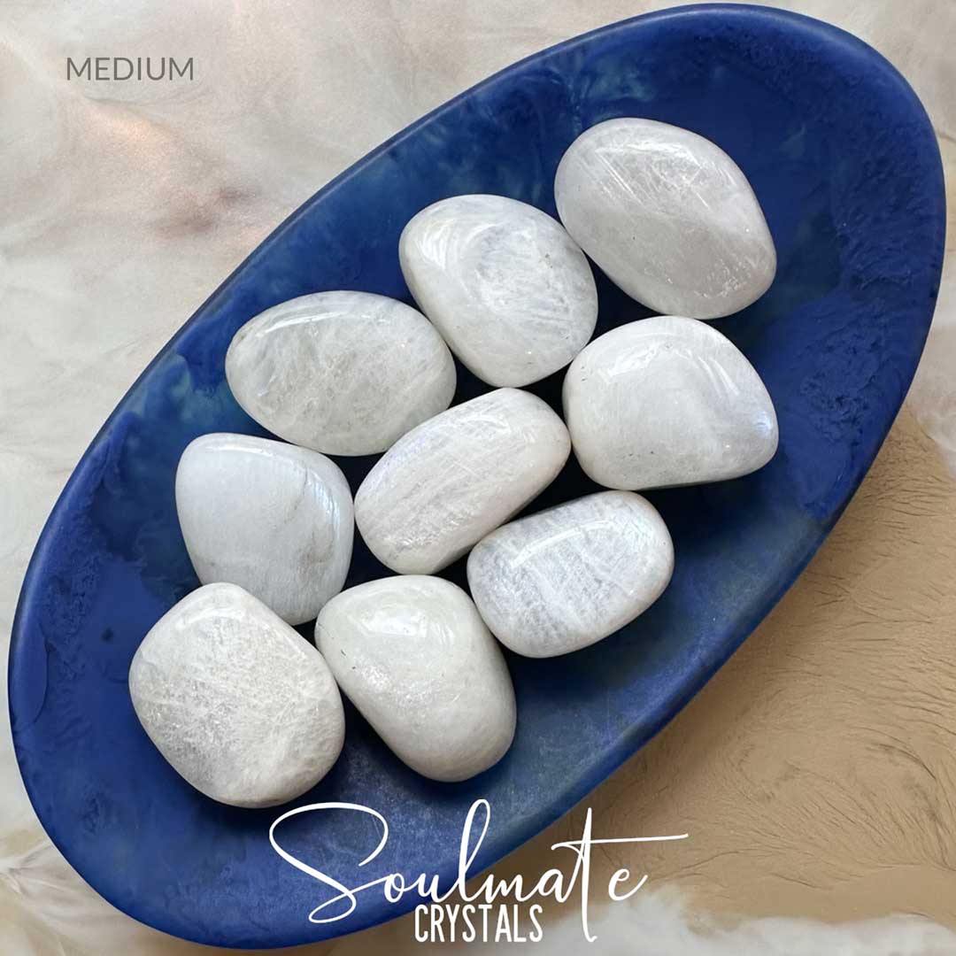 Soulmate Crystals Moonstone White Rainbow Tumbled Stone, White Crystal with Irridescent Sheen, Blue Flash for Divine Feminine, Clarity and Intuition.
