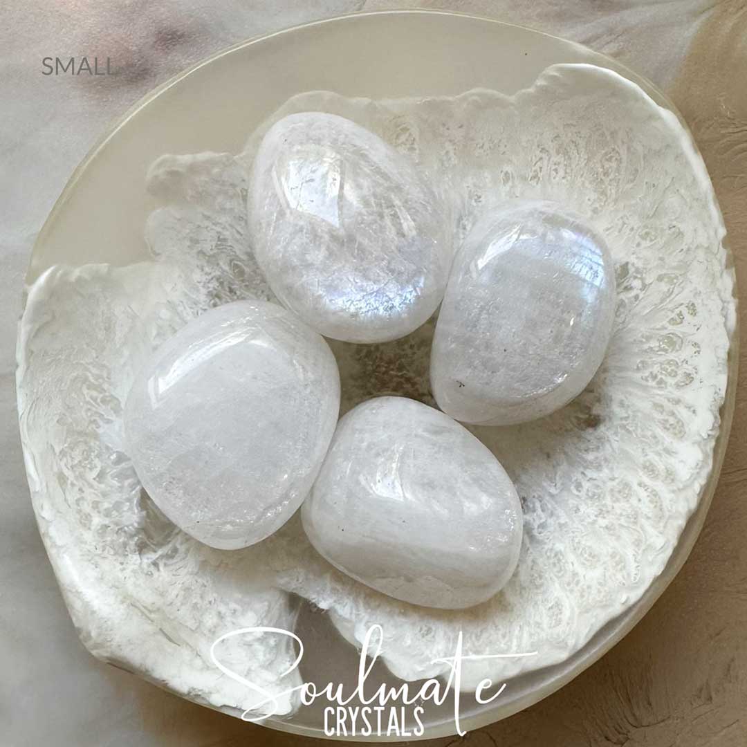 Soulmate Crystals Moonstone White Rainbow Tumbled Stone, White Crystal with Irridescent Sheen, Blue Flash for Divine Feminine, Clarity and Intuition.