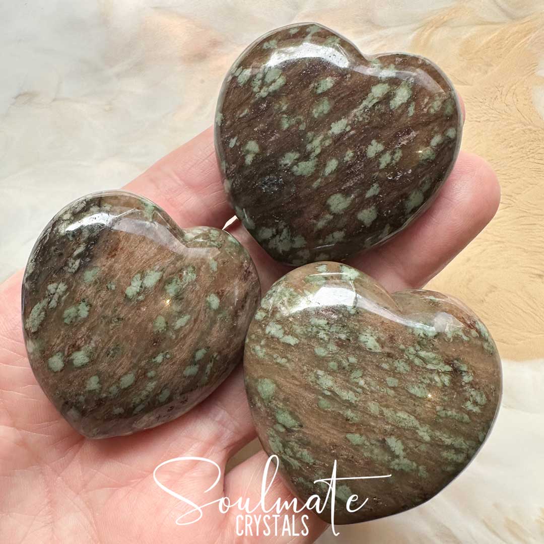 Soulmate Crystals Nundoorite Polished Crystal Heart, Brown Crystal Heart, Mint Green Speckles, Guardian, Protection