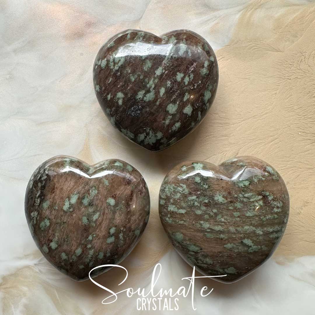 Soulmate Crystals Nundoorite Polished Crystal Heart, Brown Crystal Heart, Mint Green Speckles, Guardian, Protection