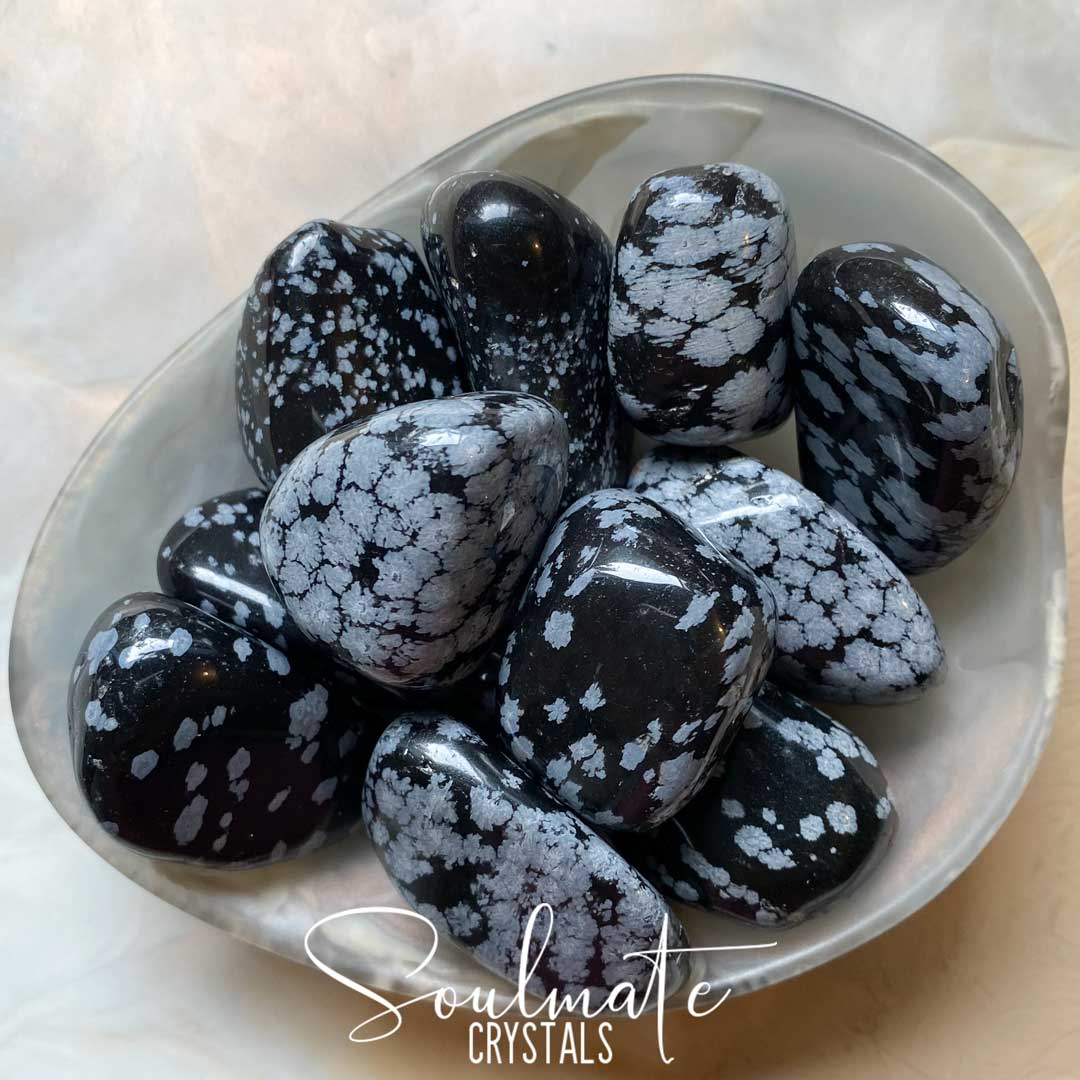 Soulmate Crystals Obsidian Snowflake Tumbled Stone, White Speckled Black Stone for Unity, Purity, Balance, Calming, Stress Relief.
