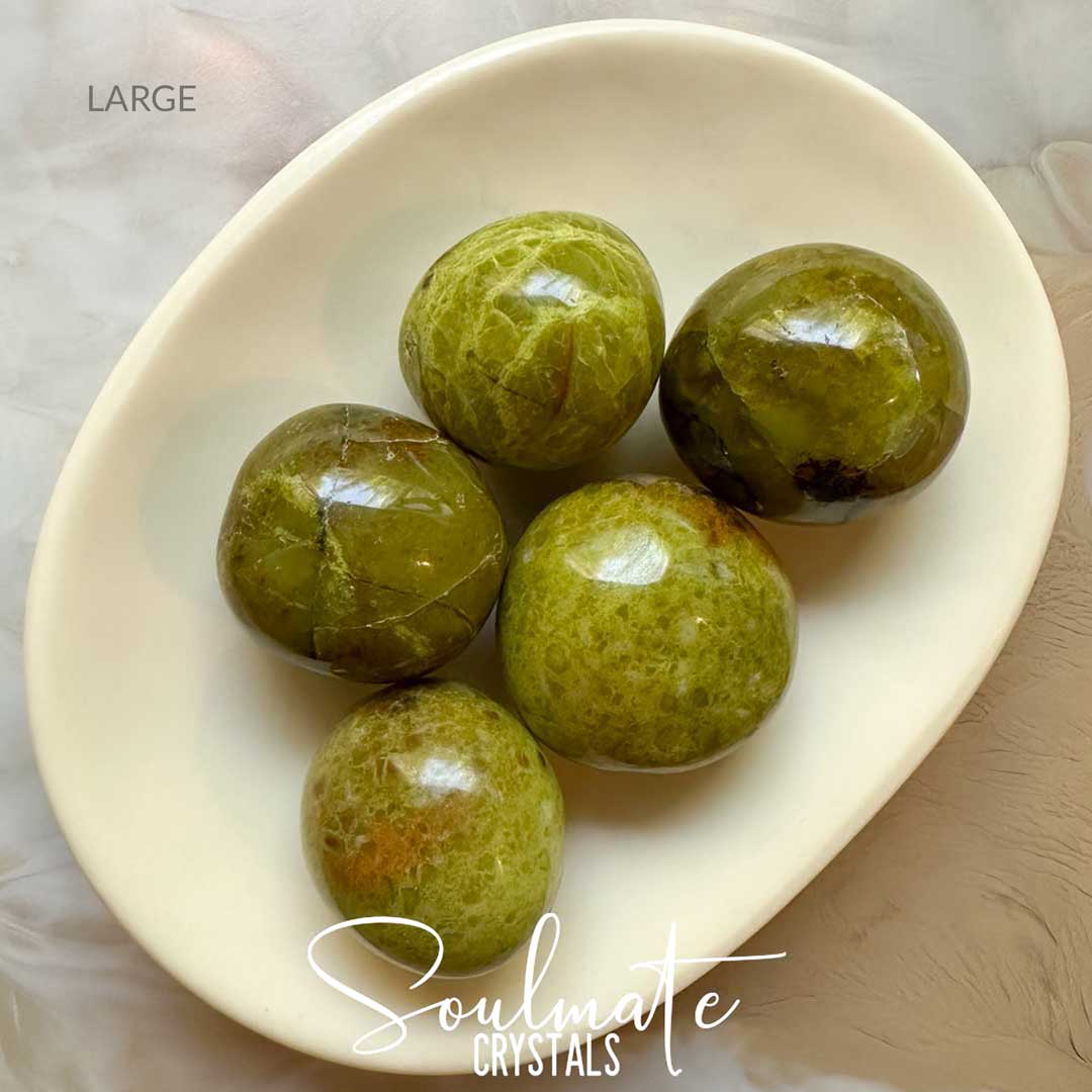 Soulmate Crystals Green Opal Tumbled Stone, Bright Olive Lime Green Crystal for Cleansing, Soothing, Restoration, Heart, Nurturing, Relationships.