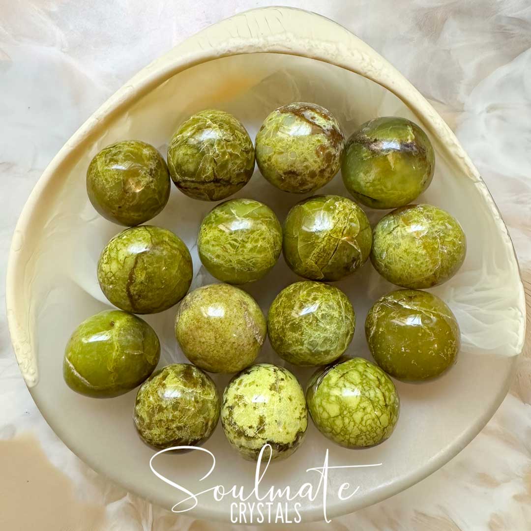 Soulmate Crystals Green Opal Tumbled Stone, Bright Olive Lime Green Crystal for Cleansing, Soothing, Restoration, Heart, Nurturing, Relationships.