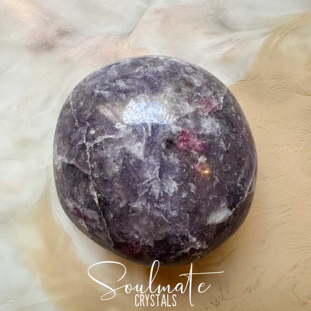 Soulmate Crystals Pegmatite Unicorn Stone Polished Crystal Energy Pebble Round Palm Stone, Purple, Pink, White Crystal Combination Mineral Lepidolite, Pink Tourmaline, Smoky Quartz, Clevelandite for Calming Metaphysical Qualities, Emotional Wellbeing, Full Spectrum Love, Grounding, Protection, Balance, Stability, Mental Clarity, Decision Making, Positivity, Intuitive Perception, Spiritual Transformation.
