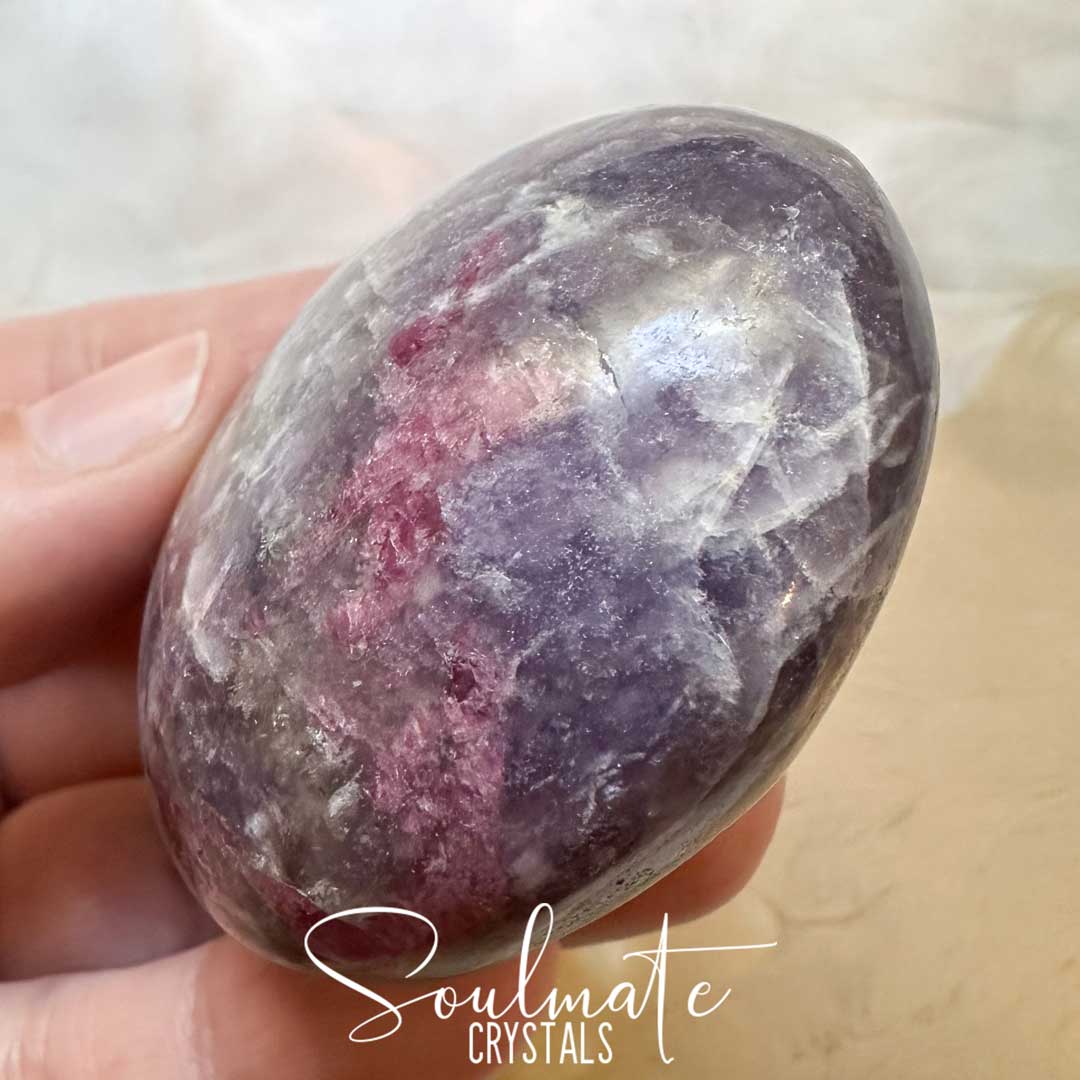 Soulmate Crystals Pegmatite Unicorn Stone Polished Crystal Energy Pebble Round Palm Stone, Purple, Pink, White Crystal Combination Mineral Lepidolite, Pink Tourmaline, Smoky Quartz, Clevelandite for Calming Metaphysical Qualities, Emotional Wellbeing, Full Spectrum Love, Grounding, Protection, Balance, Stability, Mental Clarity, Decision Making, Positivity, Intuitive Perception, Spiritual Transformation.