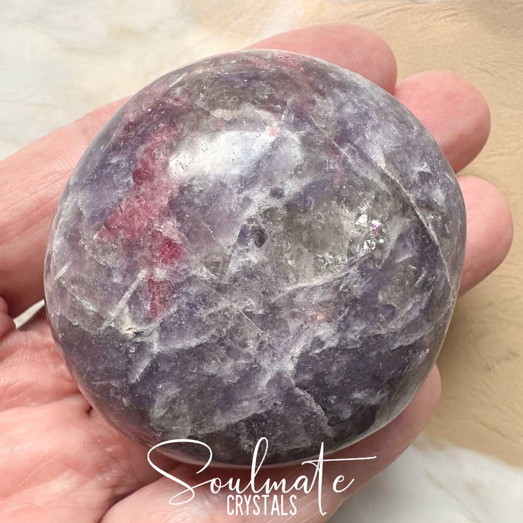 Soulmate Crystals Pegmatite Unicorn Stone Polished Crystal Energy Pebble Round Palm Stone, Purple, Pink, White Crystal Combination Mineral Lepidolite, Pink Tourmaline, Smoky Quartz, Clevelandite for Calming Metaphysical Qualities, Emotional Wellbeing, Full Spectrum Love, Grounding, Protection, Balance, Stability, Mental Clarity, Decision Making, Positivity, Intuitive Perception, Spiritual Transformation.