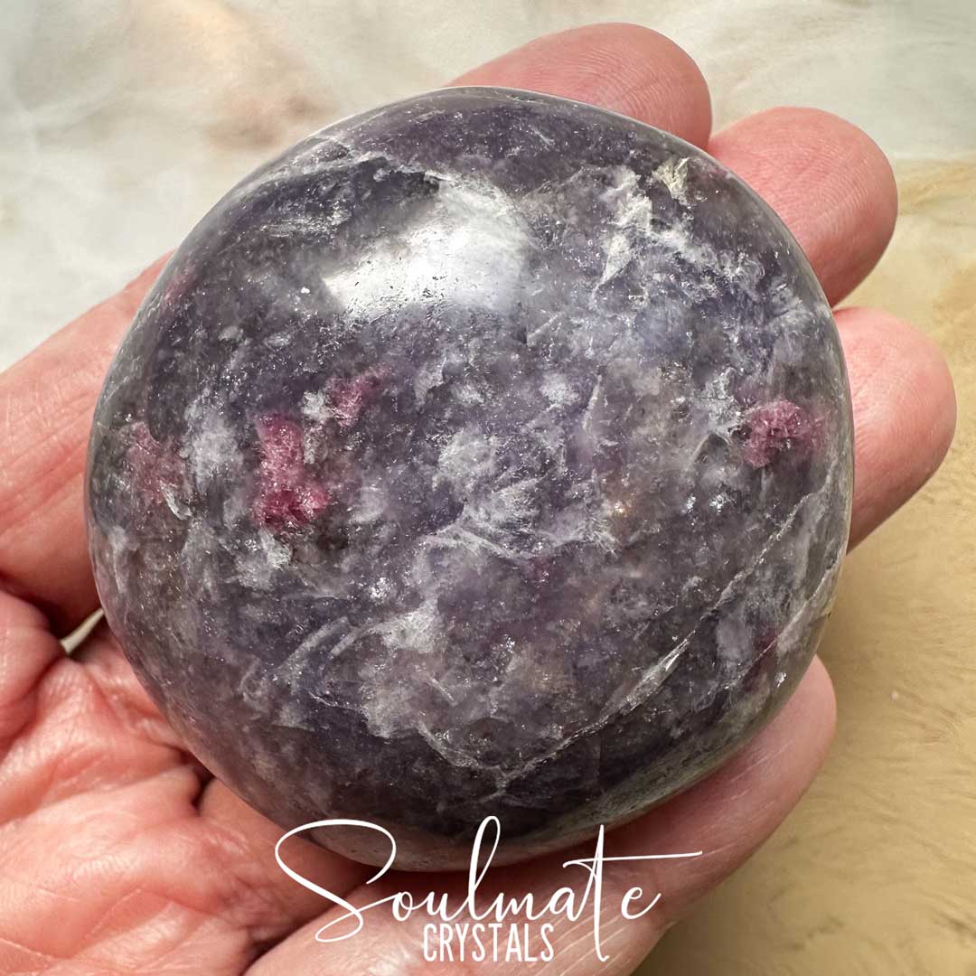 Soulmate Crystals Pegmatite Unicorn Stone Polished Crystal Energy Pebble Round Palm Stone, Purple, Pink, White Crystal Combination Mineral Lepidolite, Pink Tourmaline, Smoky Quartz, Clevelandite for Calming Metaphysical Qualities, Emotional Wellbeing, Full Spectrum Love, Grounding, Protection, Balance, Stability, Mental Clarity, Decision Making, Positivity, Intuitive Perception, Spiritual Transformation.