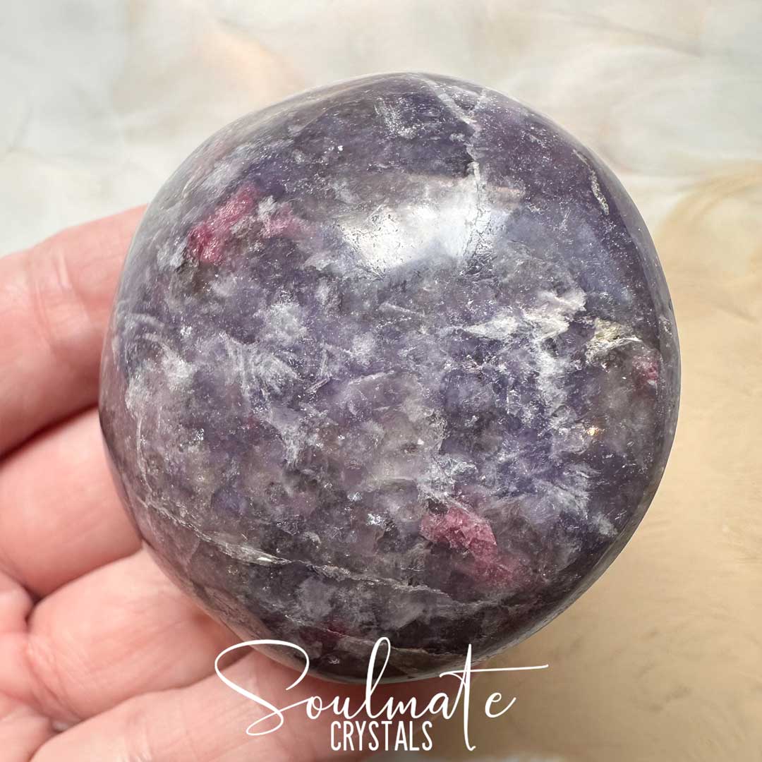 Soulmate Crystals Pegmatite Unicorn Stone Polished Crystal Energy Pebble Round Palm Stone, Purple, Pink, White Crystal Combination Mineral Lepidolite, Pink Tourmaline, Smoky Quartz, Clevelandite for Calming Metaphysical Qualities, Emotional Wellbeing, Full Spectrum Love, Grounding, Protection, Balance, Stability, Mental Clarity, Decision Making, Positivity, Intuitive Perception, Spiritual Transformation.