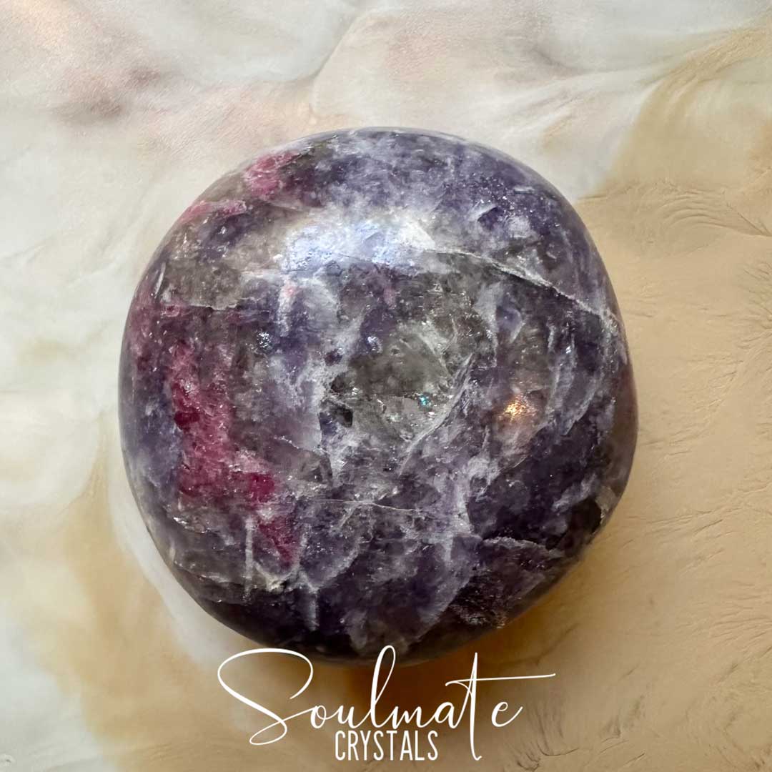 Soulmate Crystals Pegmatite Unicorn Stone Polished Crystal Energy Pebble Round Palm Stone, Purple, Pink, White Crystal Combination Mineral Lepidolite, Pink Tourmaline, Smoky Quartz, Clevelandite for Calming Metaphysical Qualities, Emotional Wellbeing, Full Spectrum Love, Grounding, Protection, Balance, Stability, Mental Clarity, Decision Making, Positivity, Intuitive Perception, Spiritual Transformation.