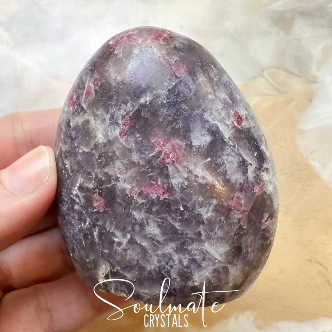 Soulmate Crystals Pegmatite Unicorn Stone Polished Crystal Freeform, Purple, Pink, White Crystal Combination Mineral Lepidolite, Pink Tourmaline, Smoky Quartz, Clevelandite for Calming Metaphysical Qualities, Emotional Wellbeing, Full Spectrum Love, Grounding, Protection, Balance, Stability, Mental Clarity, Decision Making, Positivity, Intuitive Perception, Spiritual Transformation.