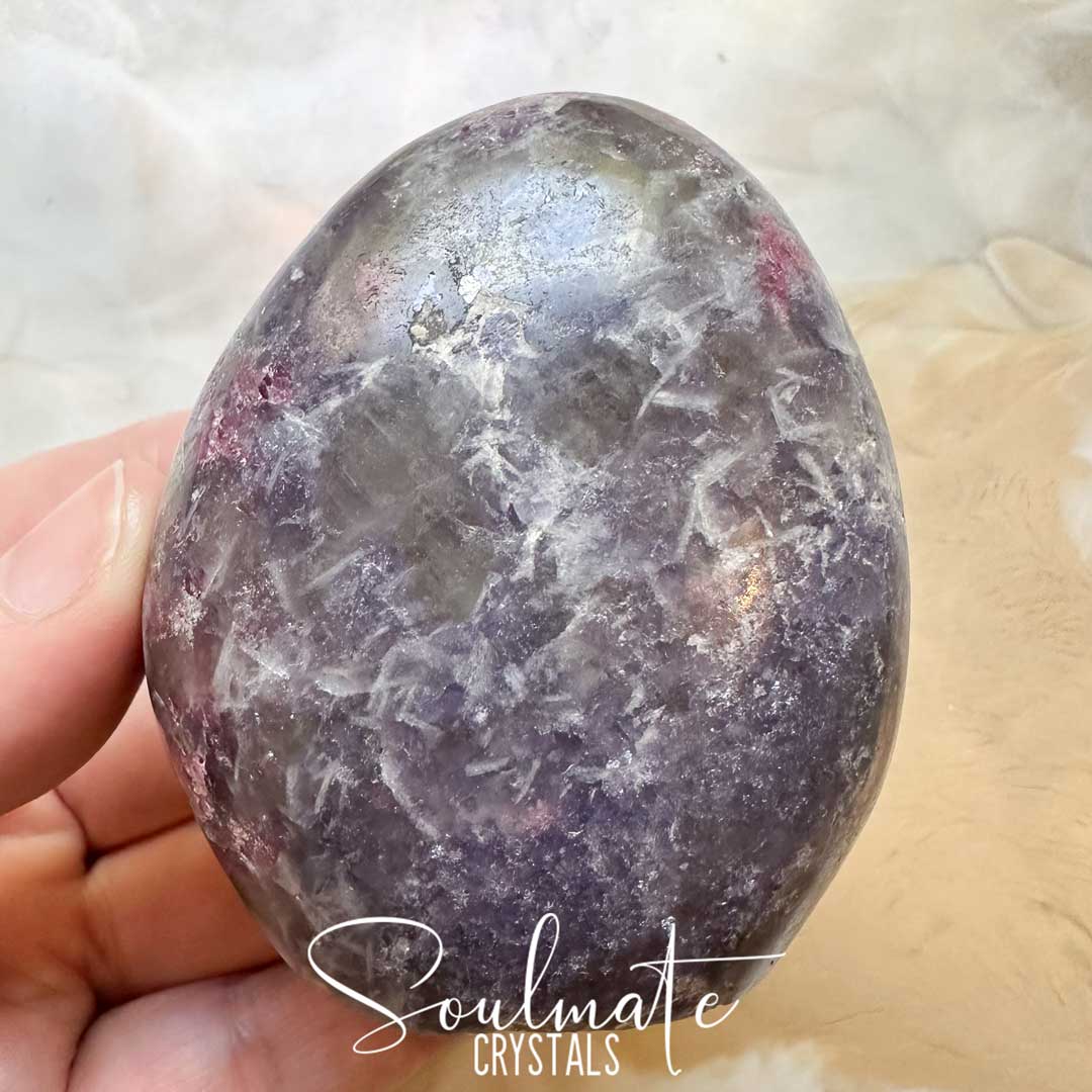 Soulmate Crystals Pegmatite Unicorn Stone Polished Crystal Freeform, Purple, Pink, White Crystal Combination Mineral Lepidolite, Pink Tourmaline, Smoky Quartz, Clevelandite for Calming Metaphysical Qualities, Emotional Wellbeing, Full Spectrum Love, Grounding, Protection, Balance, Stability, Mental Clarity, Decision Making, Positivity, Intuitive Perception, Spiritual Transformation.