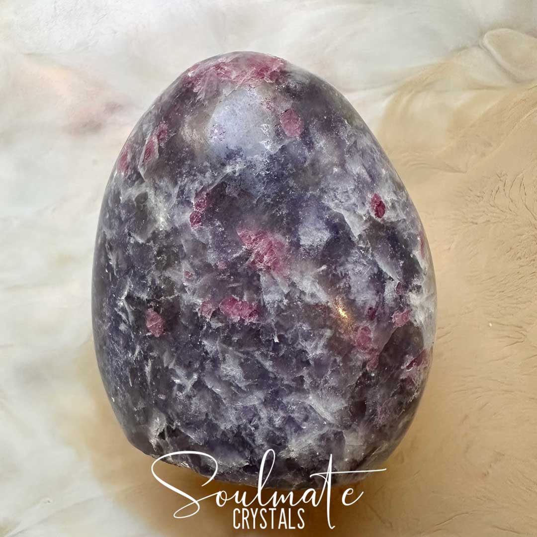 Soulmate Crystals Pegmatite Unicorn Stone Polished Crystal Freeform, Purple, Pink, White Crystal Combination Mineral Lepidolite, Pink Tourmaline, Smoky Quartz, Clevelandite for Calming Metaphysical Qualities, Emotional Wellbeing, Full Spectrum Love, Grounding, Protection, Balance, Stability, Mental Clarity, Decision Making, Positivity, Intuitive Perception, Spiritual Transformation.