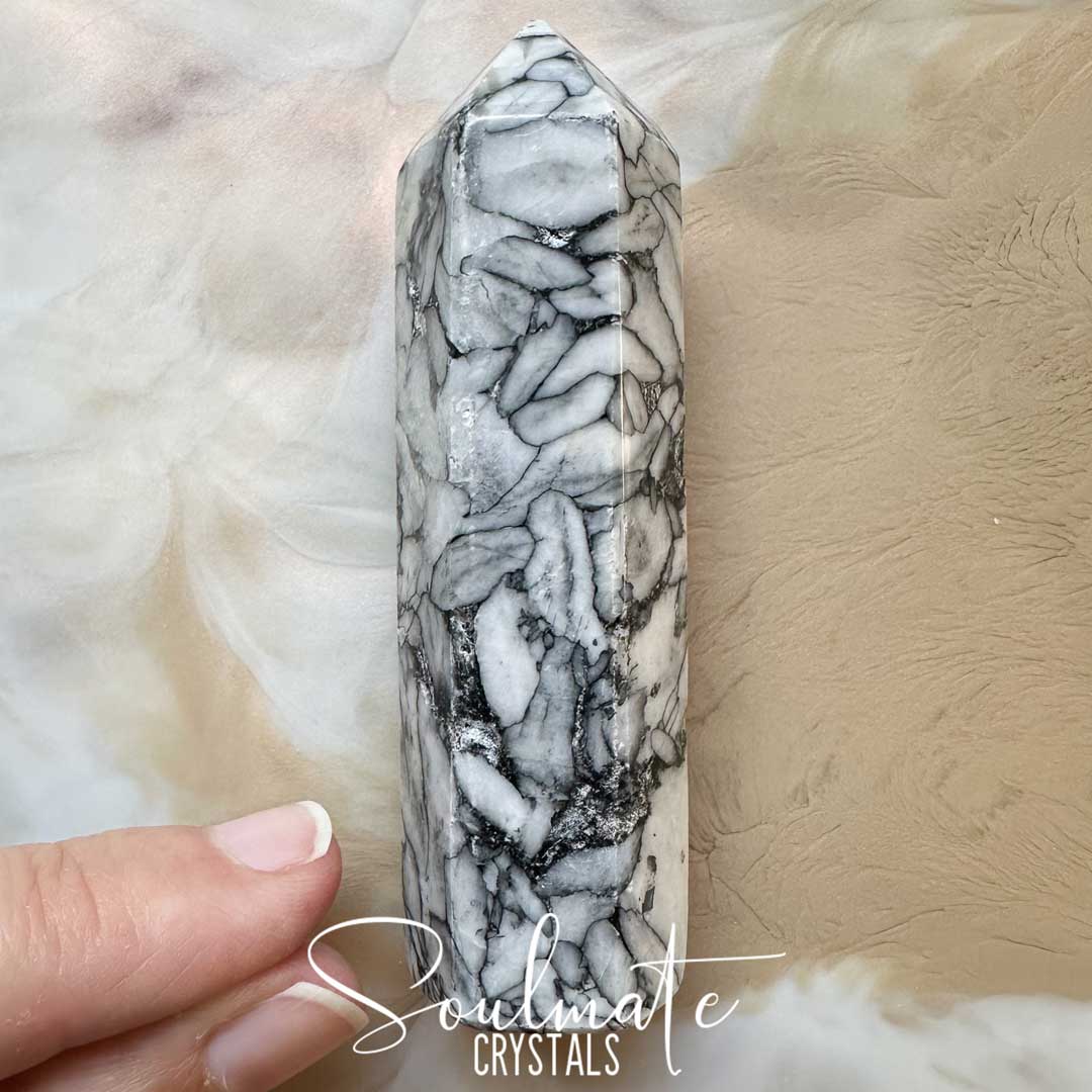 Soulmate Crystals Pinolith Polished Crystal Point, Black and White Patterned Crystal for Wisdom, Spiritual Growth, Transformation.