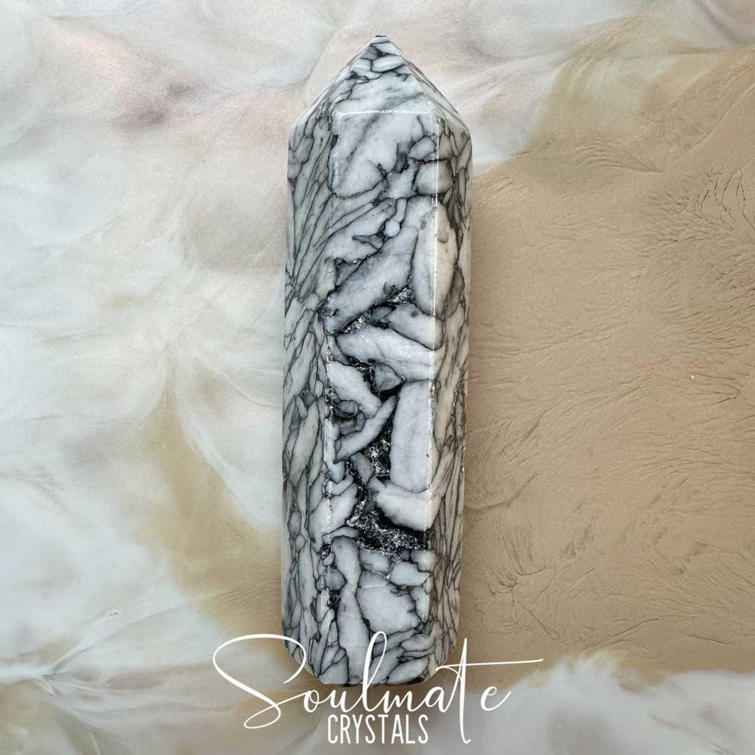 Soulmate Crystals Pinolith Polished Crystal Point, Black and White Patterned Crystal for Wisdom, Spiritual Growth, Transformation.