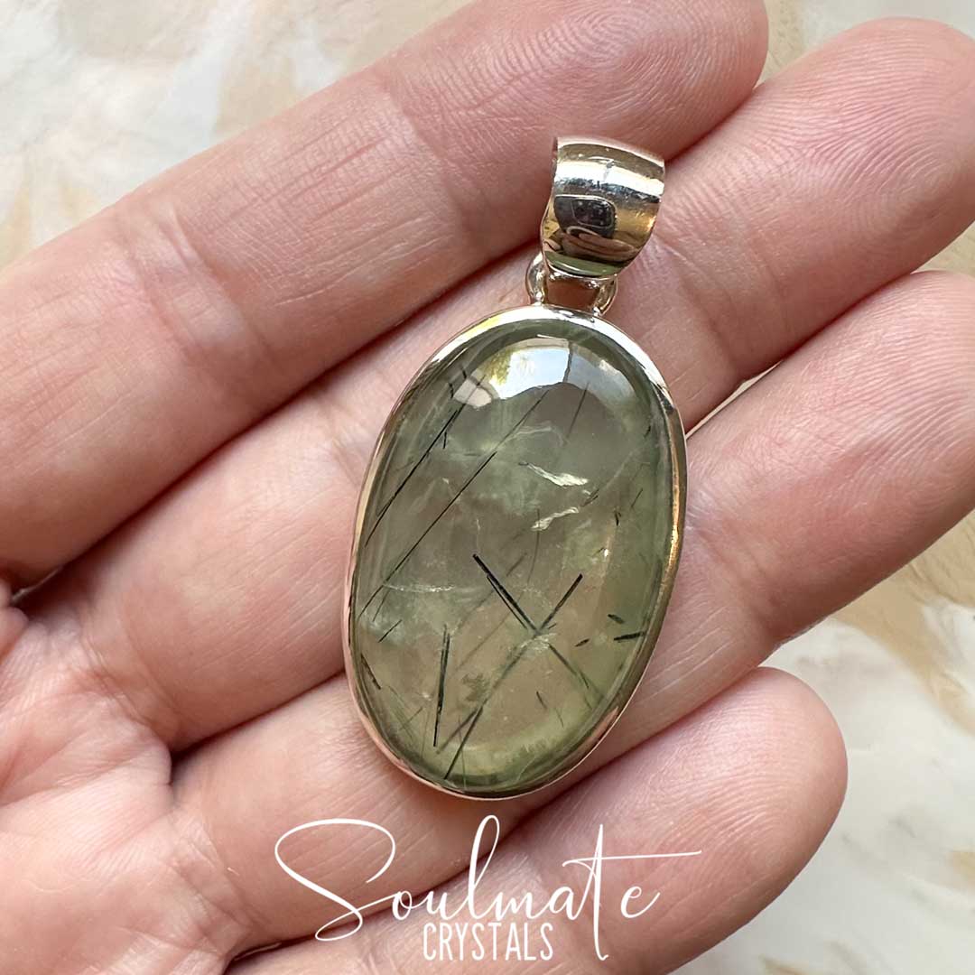 Soulmate Crystals Prehnite Epidote Polished Crystal Pendant Oval Sterling Silver Grade A, Green Crystal for Emotional Wellbeing, Stability, Deeper Awareness, Soothing, Calming, Pendant, Jewellery, Jewelry, Wearable Crystal Jewellery.