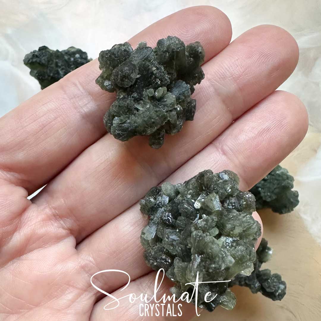 Soulmate Crystals Prehnite Raw Natural Stone Mini Cluster, Dark Mossy Green Crystal for Protection, Prophecy, Stability, High Vibration Practitioner Healing Stone, Foresight, Spiritual Support, Emotional Wellbeing, Unconditional Love.