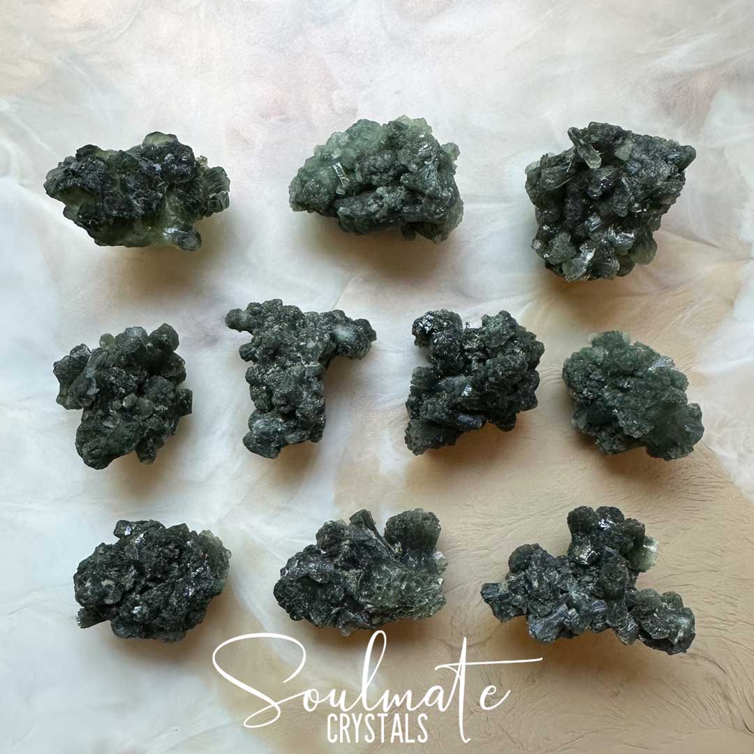 Soulmate Crystals Prehnite Raw Natural Stone Mini Cluster, Dark Mossy Green Crystal for Protection, Prophecy, Stability, High Vibration Practitioner Healing Stone, Foresight, Spiritual Support, Emotional Wellbeing, Unconditional Love.
