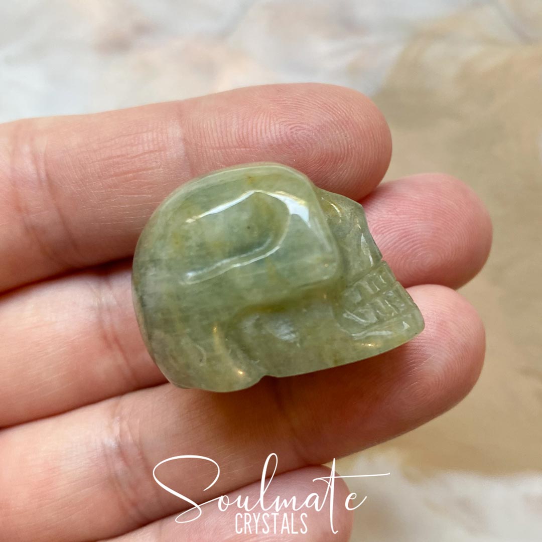 Soulmate Crystals Prehnite Polished Crystal Skull, Light Green Crystal for Protection, Prophecy, Stability, High Vibration Practitioner Stone.